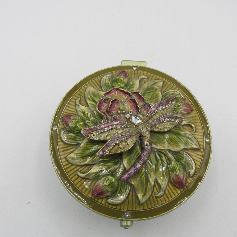 Vintage Dragonfly Enamel Trinket Box Rhinestone Floral Jewelry Vanity Decor